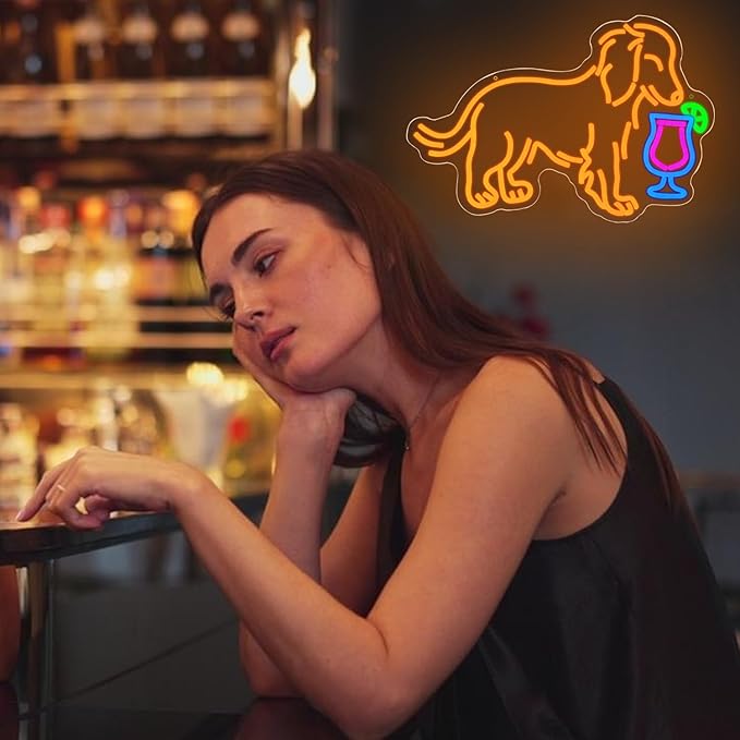 Dachshund Drink Martini Neon Sign for Wall Decor Long Haired Dachshund Bar Neon Light Colorful Dog Drink Martini Led Light Dog Neon Light for Bedroom Man Cave Living Bar Room Shop Party
