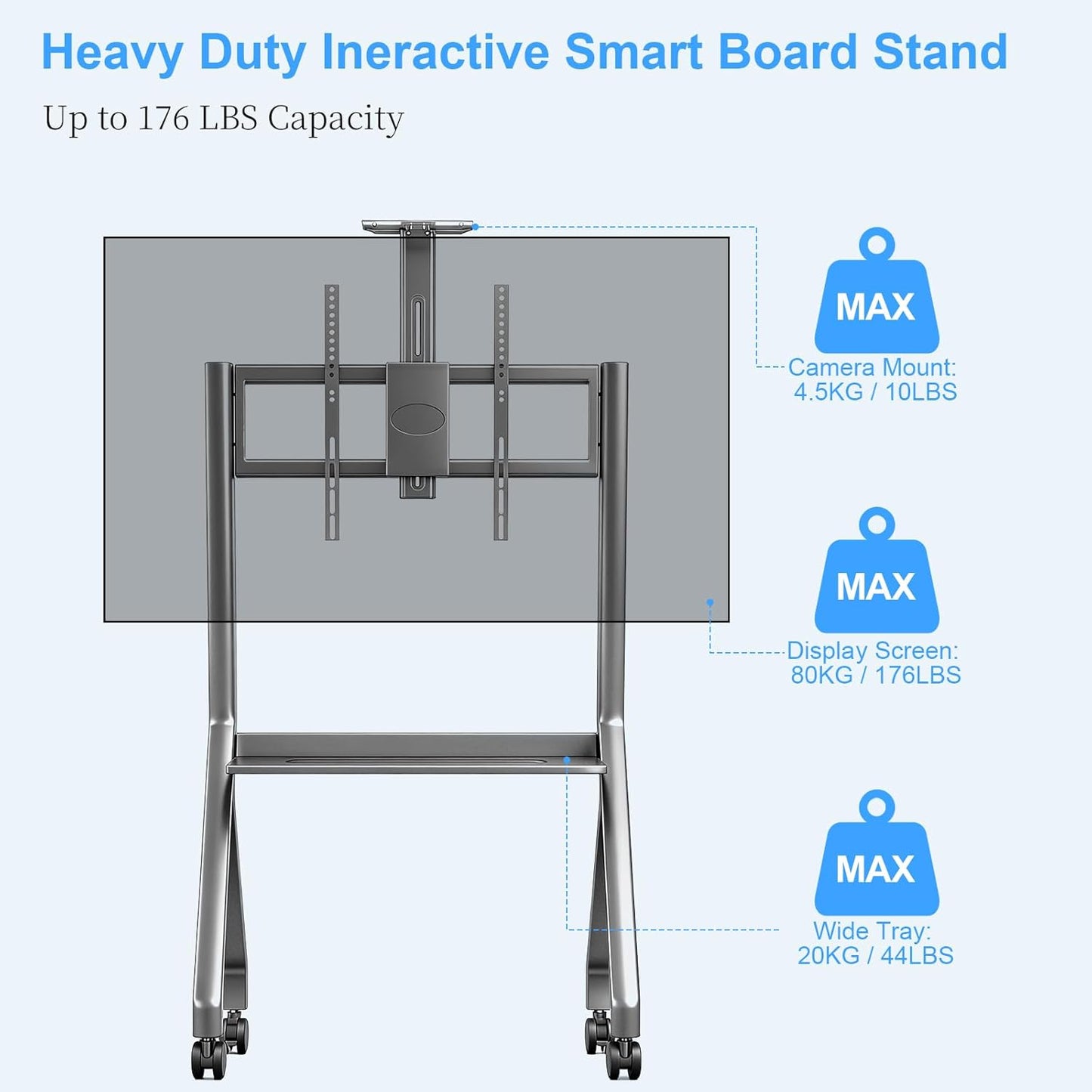 Smart Board Stand - Height Adjustable Mobile Stand for 42"–75" Interactive Whiteboards | Portable with Lockable Wheels