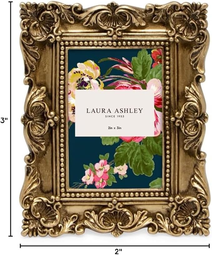 Laura Ashley 2x3 Gold Ornate Textured Hand-Crafted Resin Picture Frame with Easel, for Tabletop & Wall Display, Decorative Floral Design Home Décor, Photo Gallery, Art & More (2x3, Gold)