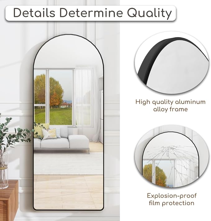 Degfig Arched Full Length Mirror, 64"X21" Floor Length Mirror with Aluminum Alloy Frame, Full Body Mirrors with Stand, Hanging or Leaning Mirrors for Living Room, Bedroom, Black,Round Corner