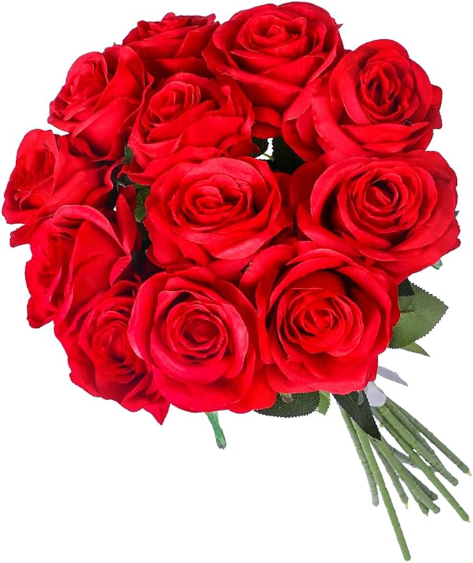 Kisflower 12 Pcs Red Roses Artificial Flowers with Stems Silk Roses Fake Rose Realistic Flower Bouquet for Wedding Party Office Home Decor (Red)