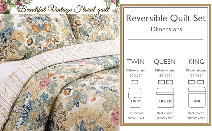 Cozy Line Home Fashions Luxury Classic Bedding Quilt Set, 100% Cotton Beige Blue Floral Pink Flower Bohemian Style Reversible Bedspread Coverlet (Art Painting, Queen - 3 Piece)