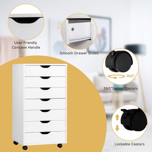 Regine Switzerland 7-Drawer Filing Cabinet - Mobile Vertical Office Storage with Wheels | White Finish