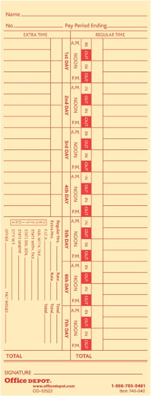 Office Depot Time Cards - Biweekly 2-Sided Time Tracking | 3 3/8in. x 8 7/8in. Manila, Pack of 100