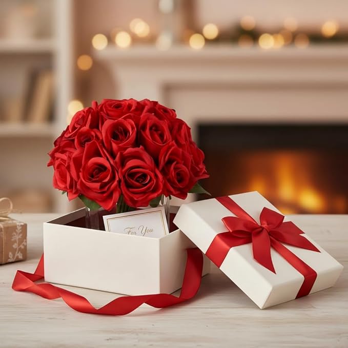 18 Heads Red Rose Fake Flowers in Vase with Fake Water, Silk Rose with Vase for Dining Table Bedroom Wedding Decor (Red)