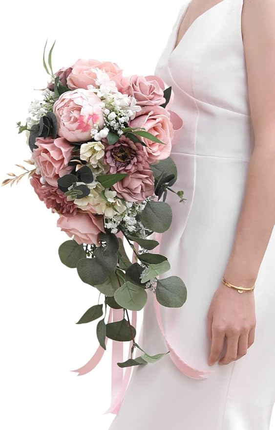 Serwalin 9.8 Inch Wedding Bouquets for Bride Bridesmaid, Dusty Pink Peonies Bridal Bouquets for Bride, Wedding Flowers Bouquet Tossing Bouquet, Wedding Ceremony and Anniversary Day Decor