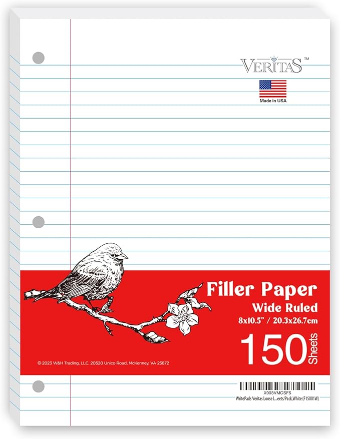 WritePads Loose Leaf Notebook Paper, 8"x10-1/2" Wide Ruled Lined Paper, Bulk Filler Paper, 3 Hole Punched For 3 Ring Binder, 150 Sheets/Pack, 24PK Per Carton, 3600 Sheets, Made In USA