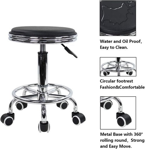 KKTONER Round Rolling Stool - PU Leather Swivel Stool with Foot Rest for Spa & Salon | Small Black