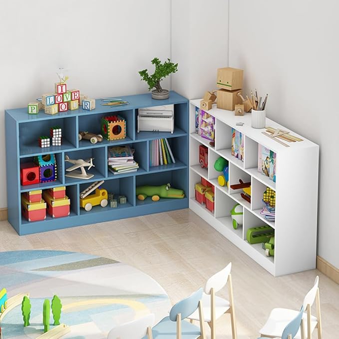 IOTXY Open Shelf Low Bookcase - Wooden 3-Tier Floor Standing Display Cabinet Organizer with Base, 5 Cubes Short Horizontal Bookshelf in Pear Yellow