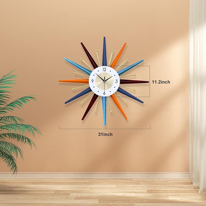 FIELDY Large Wall Clock 31 Inch Mid Century Wall Clocks Starburst Clock Non Ticking Battery Operated 3D Wall Clocks Home Décor for Living Room, Kitchen, Dining Room, Bedroom