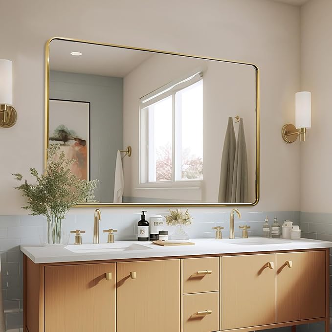 ANDY STAR 48x36 Inch Gold Bathroom Mirror, Brushed Gold Mirrors for Wall in Anti-Rust SUS304 Tube Metal Frame, Rounded Rectangle Mirrors 1’’ Deep Wall Mounted Vertically/Horizontal for Bathroom