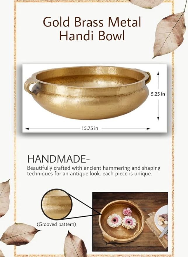 Serene Spaces Hammered Gold Handi Bowl - Brass Decorative Bowl for Diwali, Living Rooms, Weddings, Restaurants - 5.25" Tall, 15.75" Diameter - Fruit Bowl