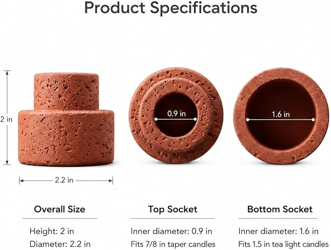 Set of 6 Concrete Candle Holders - Reversible Faux Travertine for 7/8" Taper & 1.5" Tealights, Stackable Heavyweight Minimalist Table Decor with Neutral Colors, Candles Not Included