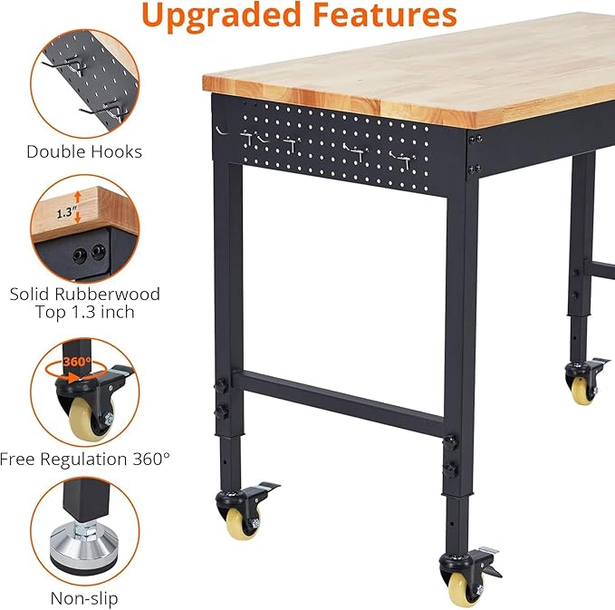 TrailBlaze 60" x 22" Workbench, Heavy Duty Rubber Wood Top Workbench with Power Outlet & 4 Lockable Wheels, Adjustable Height Work Table for Home Garage Workshop - 2000lbs Load Capacity
