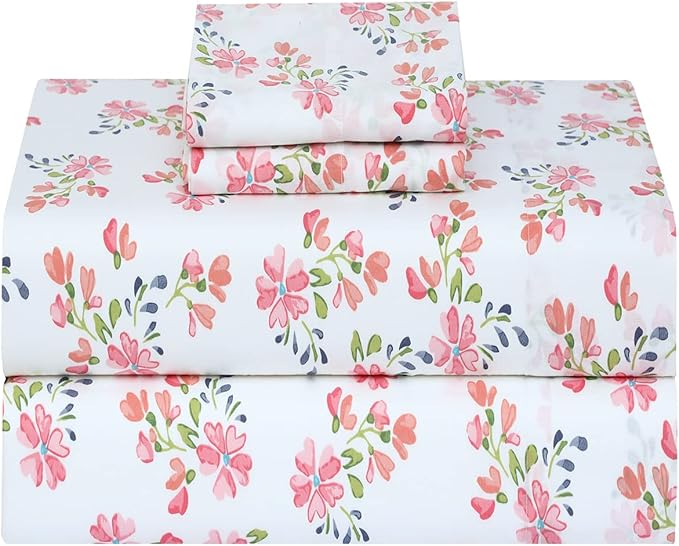 RUVANTI 100% Cotton Full Size Bed Sheets, 4 Pieces, Soft & Breathable Percale Weave Bedding, Deep Pocket 16", Hotel Standard, Crisp Cool Feel, Durable, Perfect Sheet Set Floral, Bloomex