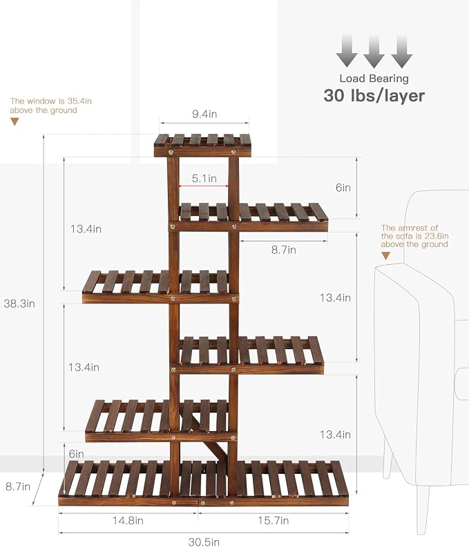 6 Tiered Wood Indoor Plant Stand for Multiple Plants ,Narrow Corner Potted Plant Shelf Holder Rack , Multi Rustic Flower Stand Shelves for Patio,Corner,Apartment,Outdoor,38.2"" Tall