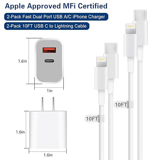Fast Charger iPhone,Dual Port A/C iPhone Charger Fast Charging Adapter,2Pack Quick Double Phone Wall Charger Block,Apple Charger Block 10FT USB C to Lightning Cable foriPhone 14/13/12/11/ProMax/XS/XR