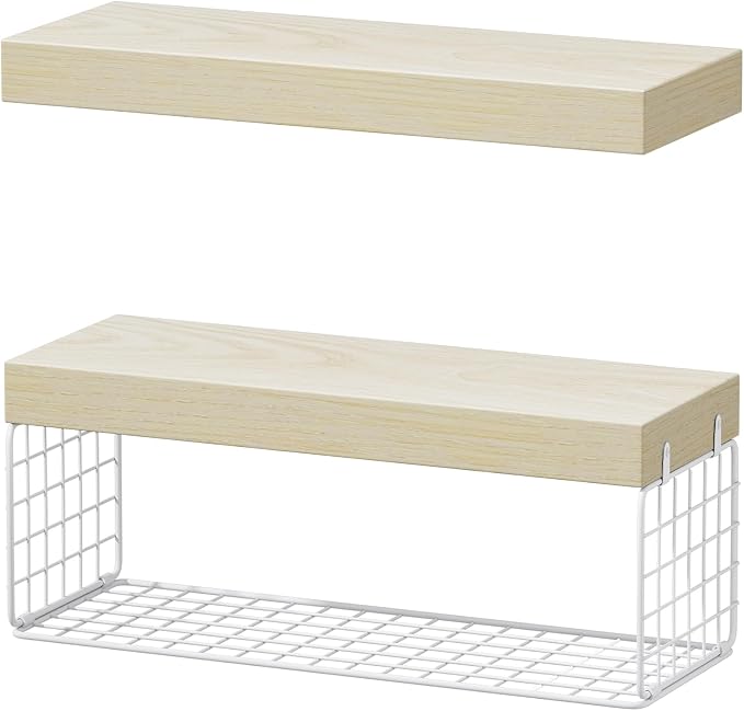 QEEIG Bathroom Shelves Over Toilet - Wall Mounted Floating Shelves Toilet Paper Storage Small Farmhouse Decor Shelf 16 inch Set of 2, Natural (019-BNW2)