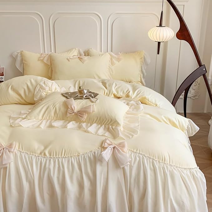 Lace Ruffled Bedding Bow Duvet Cover Set with Butterfly Tie, Soft Brushed Microfiber Shabby Chic Bedding Set with Zipper Closure-Yellow,Queen Size
