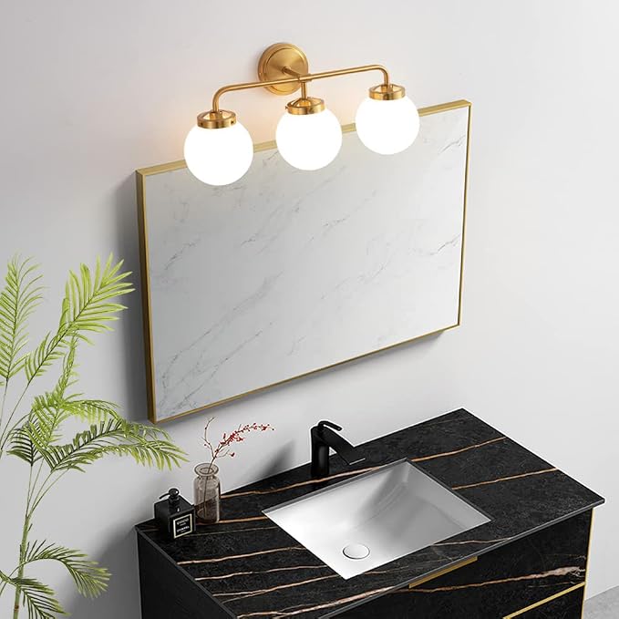 Gold Bathroom Vanity Light Fixtures Over Mirror, 22.4'' Modern Brass 3 Lights Wall Sconce with Milky Glass Ball Shade, Mid Century Farmhouse Vanity Lighting
