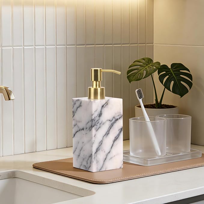 Natural Marble Soap Dispenser for Bathroom and Kitchen Countertop - 5.41 Ounces Hand Lotion and Liquid Stone Shampoo Laundry Bottle with Pump (1, Lilac, Rectangular Bottle)