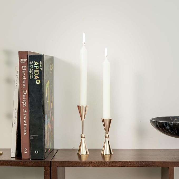 DN DECONATION Gold Taper Candle Holders Set of 2, Tapered Candlestick Holders Decor for Fall Thanksgiving Table Centerpiece Wedding Decorations, Modern Metal Candle Holder for Living Room, Mantel