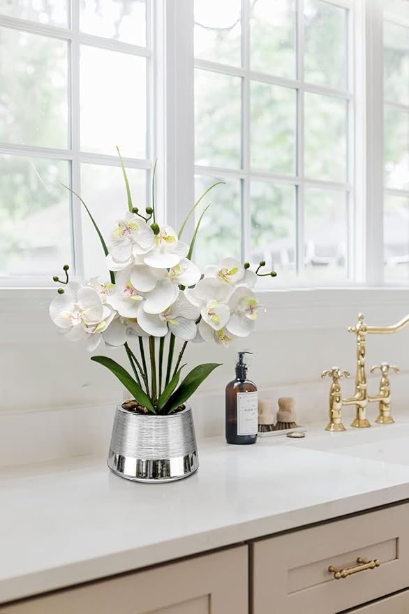 Oairse Artificial White Phalaenopsis Orchid Flower Arrangements Faux Orchid Flower in Silver Pot Orchid Centerpiece for Dining Room Table