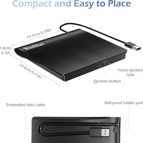 Rioddas External CD/DVD Drive - USB 3.0 Portable Burner & Reader for Laptop/Desktop | Compatible with Windows & Mac
