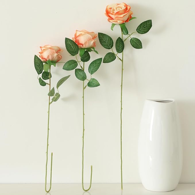 15Pcs Pearl Sunset Red Roses Artificial Flowers Fake Roses Long Stem Velet Rose Silk Flowers for Home Wedding Decoration (Pearl Roses,Sunset Red)