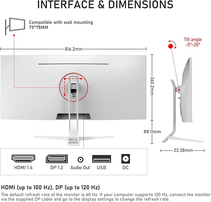 Gawfolk 34 Inch IPS Ultrawide 120Hz Gaming Computer Monitor, 21:9 UWFHD (2560x1080) PC Screen, 120% sRGB, Adaptive Sync, 178° Viewing Angle, Display Port, HDMI, Compatible with Wall mounting - White