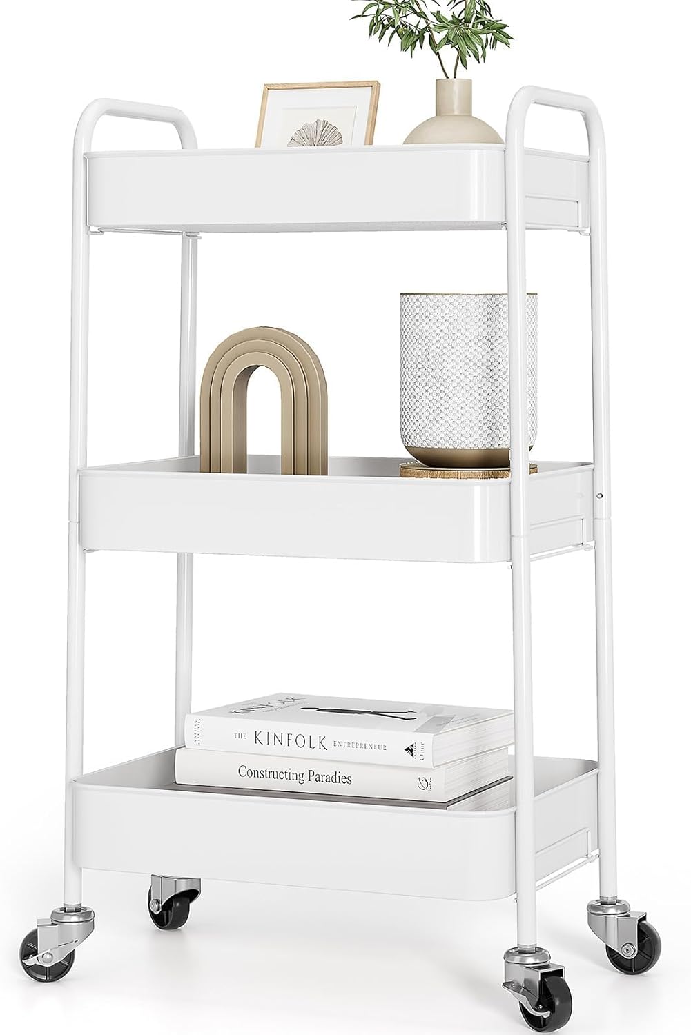 TOOLF 3-Tier Rolling Cart - Metal Utility Storage Organizer with Lockable Wheels | Easy Assembly, White
