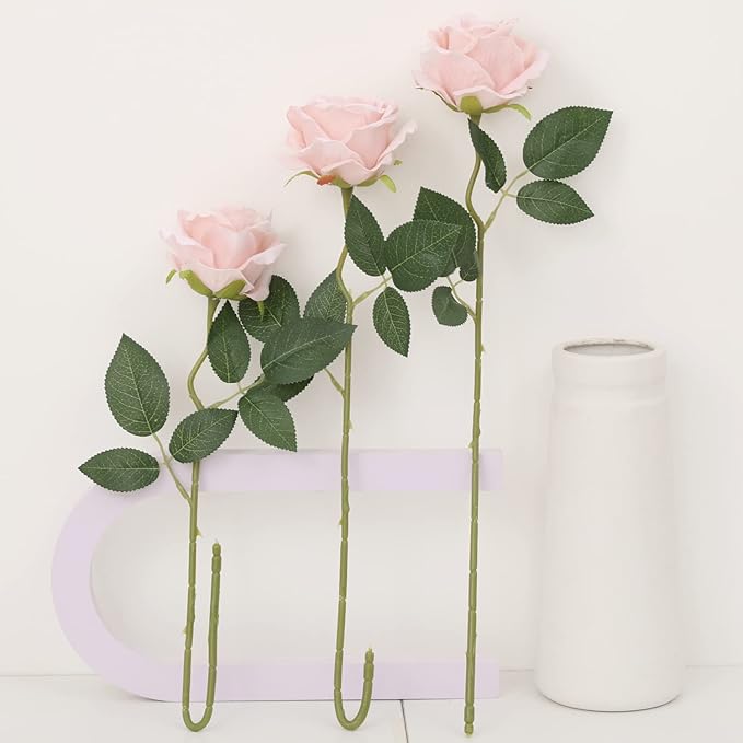 15Pcs Pink Roses Artificial Flowers Fake Roses Long Stem Velet Rose Silk Flowers for Home Wedding Decoration (Round Roses,Pale Pink)
