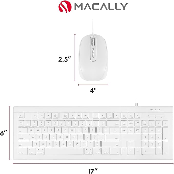 Macally 104 Key USB Wired Keyboard and Mouse Combo with Apple Shortcut Keys for Mac, iMac, Macbook, and Windows PC (MKEYECOMBO), White