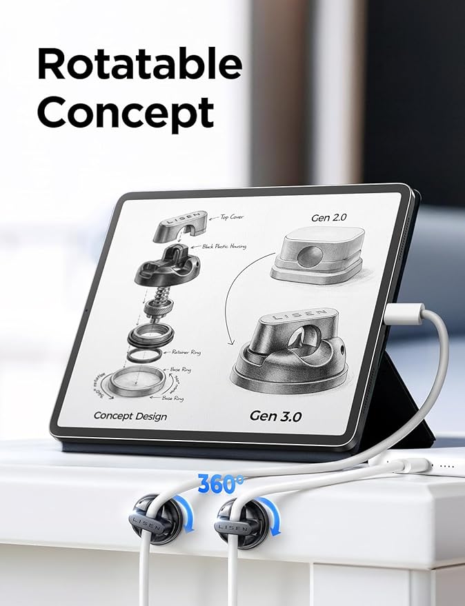 6-Pack Rotatable Cord Holder for Nightstand, LISEN 360°Rotating Magnetic Clips, No-Residue Strong Adhesive Cord Organizer for Desk, Cable Hider for Home, Office, Car, Cubicle Accessories