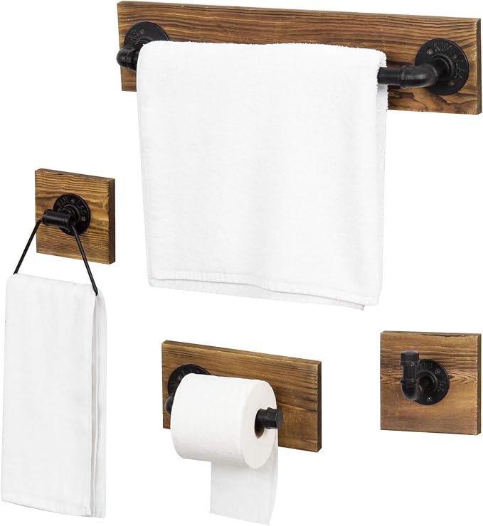 MyGift 4-Piece Bathroom Hardware Set Toilet Paper Holder with Burnt Wood and Industrial Matte Black Metal Pipe Includes, Towel Ring, Towel Bar and and Robe Hook
