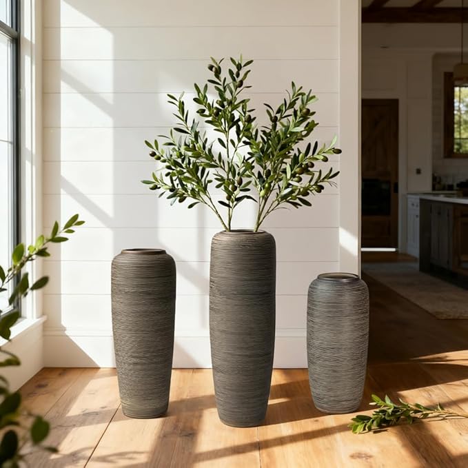 Vintage Ceramic Floor Vase – 15.7 Inch Distressed Glazed Oversized Floor Urn, Rustic Country Decor for Entryway, Living Room & Corner
