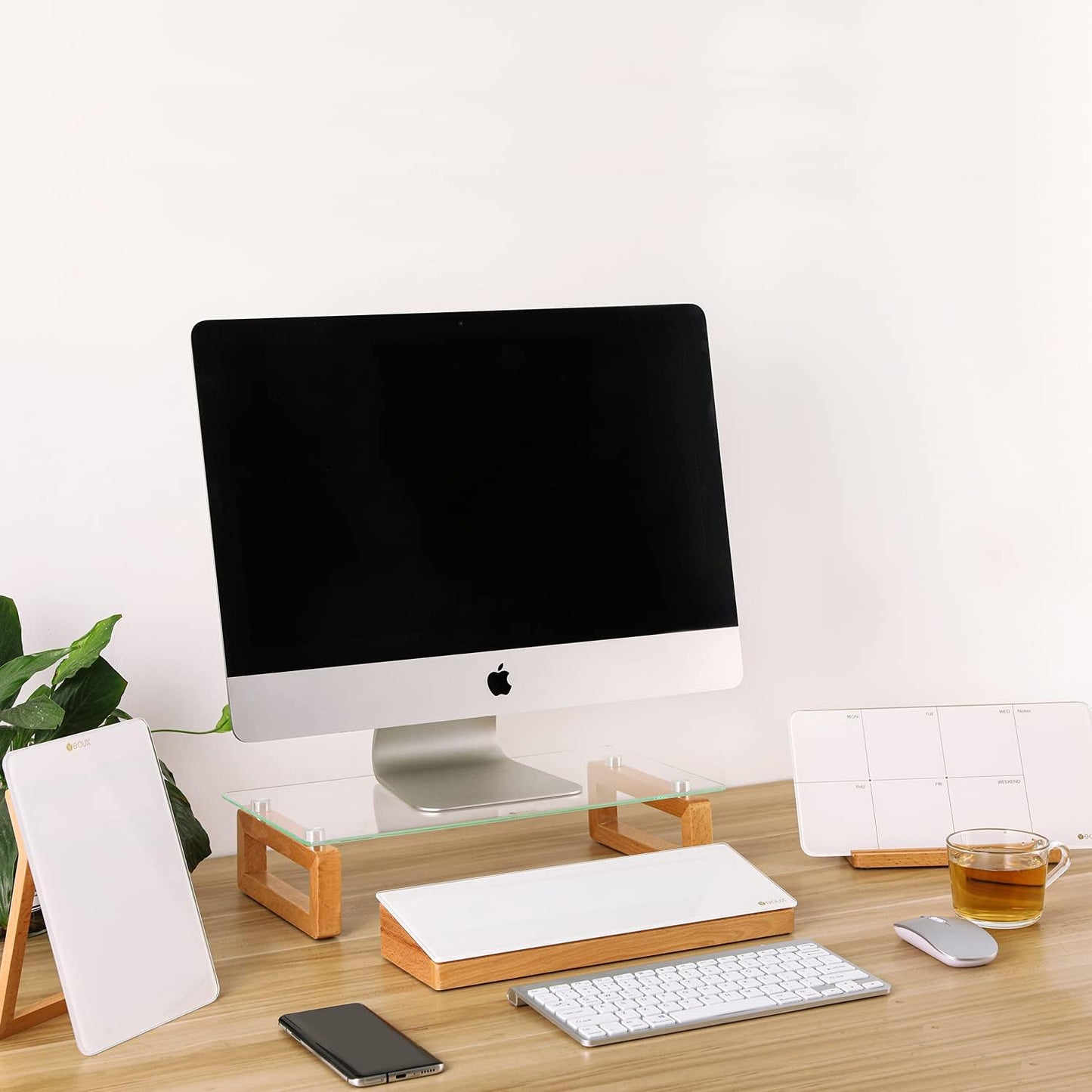 Yeoux Glass Desktop Whiteboard - Aesthetic Dry Erase Board with Wood Organizer & Drawer for Office