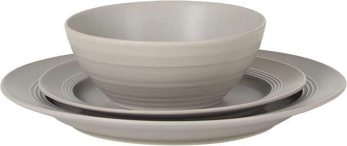 Gibson Elite Soleil 12 Piece Chateau Grey Stoneware Dinnerware Set for 4, Plates and Bowls Set with Dinner Plates, Salad Plates and Bowls