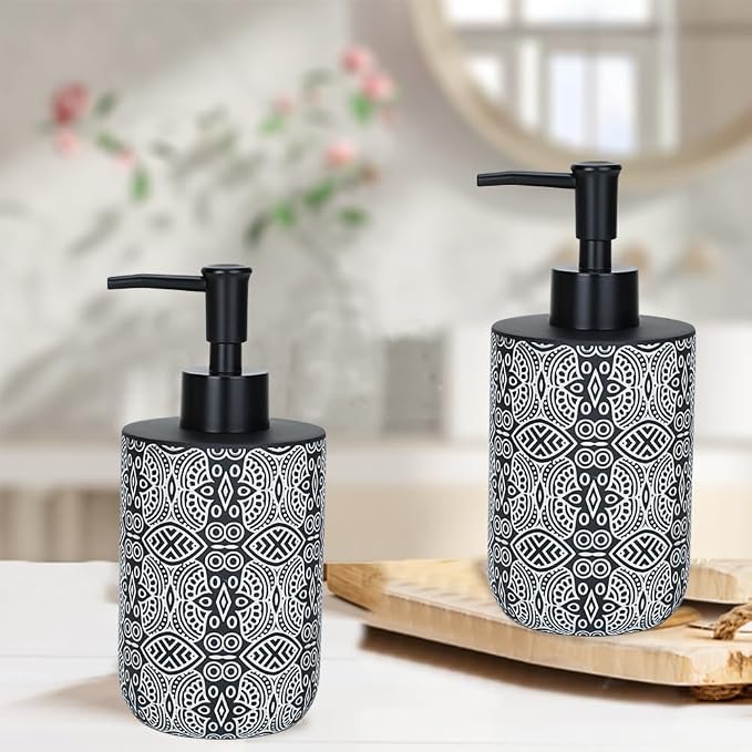 2pcs Hand Soap Dispenser Set, Boho Carving Resin Liquid Soap Dispensers for Bathroom Countertop, Heavy & Sturdy Dish Wash Soap Dispenser for Kitchen, Black