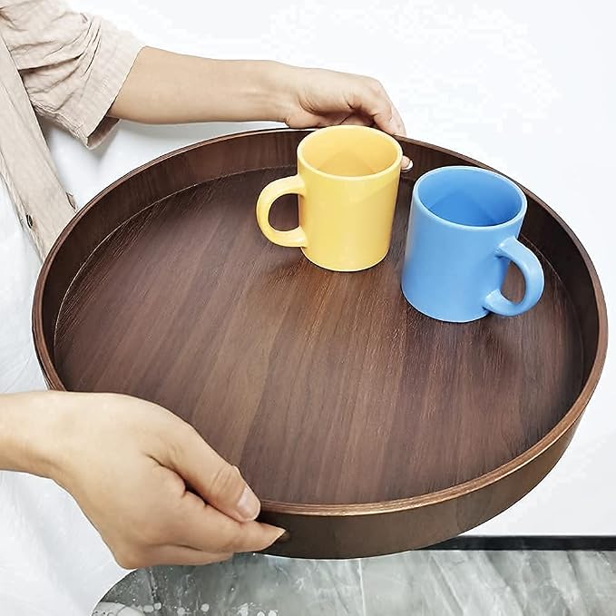 i-lan 16" Large Round Wooden Serving Tray with 2" Sides, Circle Walnut Food Storage Display Platter Plate with Handles,Decorative Wood Tray for Coffee Table,Ottoman,Vanity,Kitchen, Bathroom