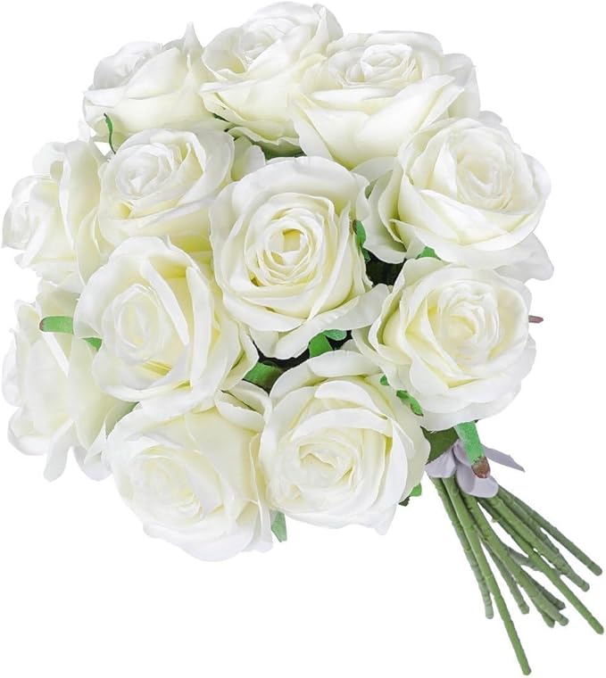 Kisflower 12Pcs White Roses Artificial Flowers, Realistic Single Stem Flowers Silk Rose Bouquet for Wedding Party Office Home Decor (White)
