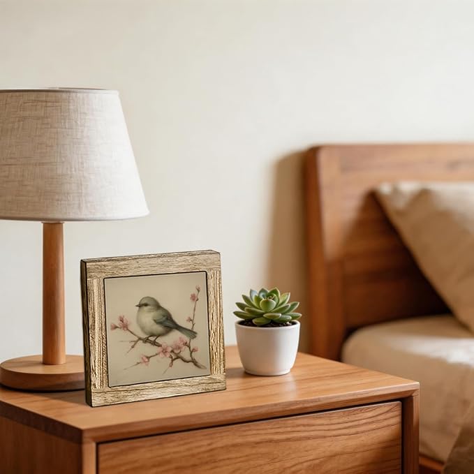 Cottagecore Floral Bird Wooden Desktop Sign, Vintage Bird on Blossom Branch Wood Plaque, Rustic Nature Tabletop Decor for Bedroom Living Room Office Shelf