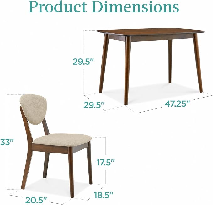 Best Choice Products 5-Piece Dining Set, Compact Mid-Century Modern Table & Chair Set for Home, Apartment w/ 4 Chairs, Padded Seats & Backrests, Wooden Frame - Walnut/Oatmeal