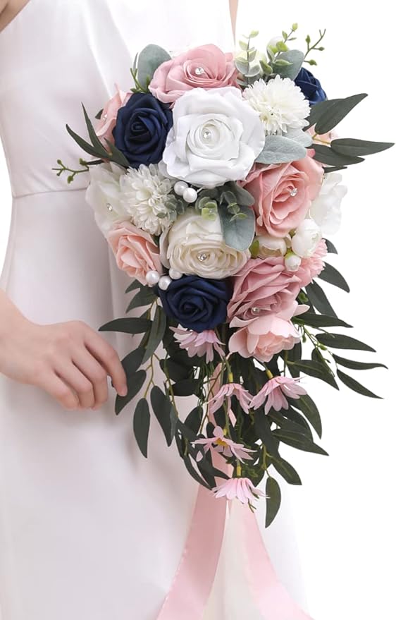 Serwalin 9.8 Inch Wedding Bouquets for Bride Bridesmaid, Pink Blue Rose Bridal Bouquets for Bride, Wedding Flowers Bouquet Tossing Bouquet, Wedding Ceremony and Anniversary Day Decor