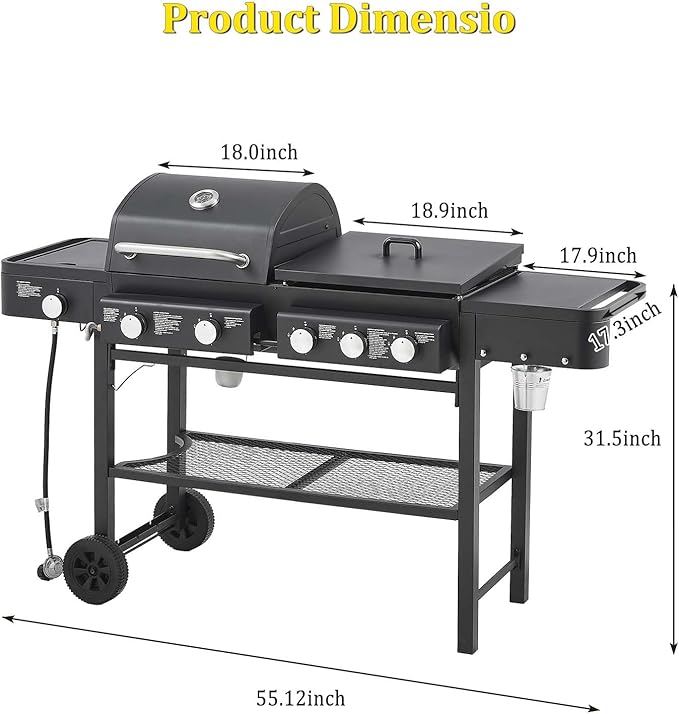 Unovivy 5-Burner Propane Gas Grill and Griddle Combo with Side Burner, BBQ Grills with Built-in Thermometer, 56,000 BTU Barbecue Grill, Oil Tray, Outdoor Patio Garden