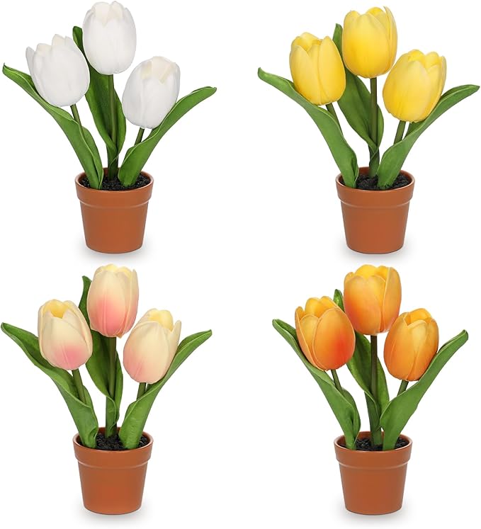 Artificial Tulip Arrangement with Terracotta-Like Plastic Pot 8 Inch Small Tulip Centerpieces Fake Potted Tulip for Valentine's Day Table Centerpiece Wedding Home Decor