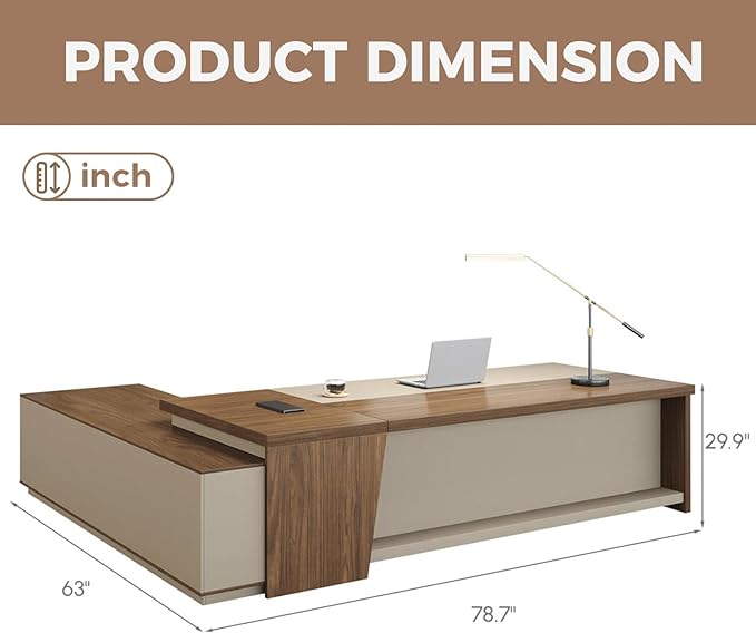 Modern L Shape Executive Desk with Drawers and Lockable Storage Cabinet, Large Executive Office Desk with Cable Management (Champagne Wood Grain+Beige/Right,79" L*63" W*30" H)