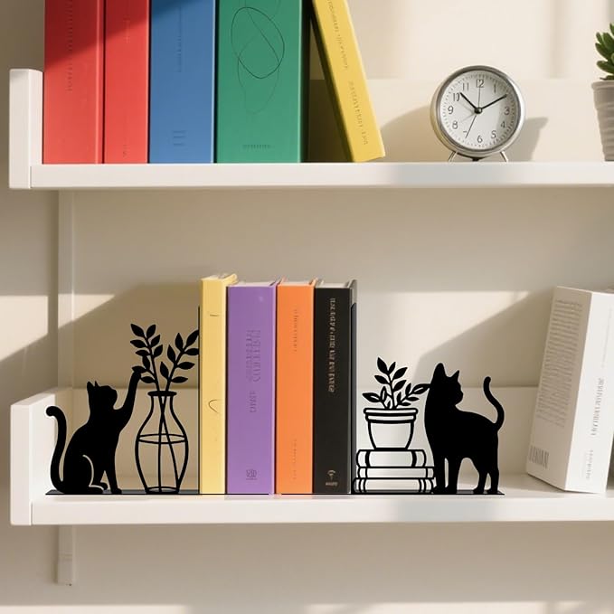 Cat Metal Bookends Cute Cat Book Ends for Shelves Bookshelf Home Office Desk Decorative Bookshelf Decor Gift for Cat Lovers and Reading Enthusiasts