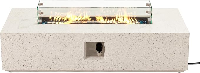 COSIEST Outdoor Propane Fire Pit Table, 56-inch x 28-inch Rectangle Terrazzo White Concrete-Like Finish, Certified, 50,000 BTU Stainless Steel Burner w Blue Fire Glass, Wind Guard, Raincover