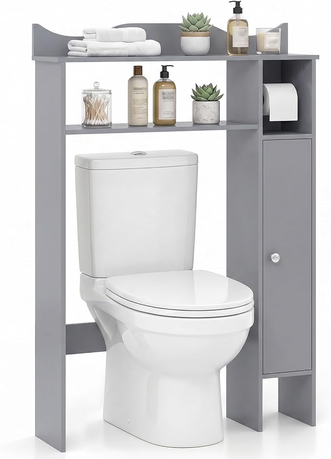 Tangkula Over the Toilet Storage Cabinet, Bathroom Organizer with Toilet Paper Holder, Adjustable Shelves, Freestanding Behind Toilet Stand, Perfect for Bathroom, Laundry (Gray)